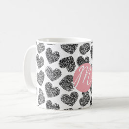 Moderne Schwarz-Weiß-Doodle-Herzen Mit Monogramm Kaffeetasse