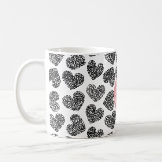 Moderne Schwarz-Weiß-Doodle-Herzen Mit Monogramm Kaffeetasse (Links)