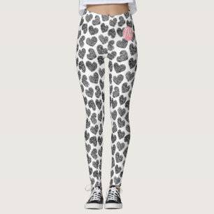 Moderne Schwarz-Weiß-Doodle-Herzen Mit Monogramm Leggings