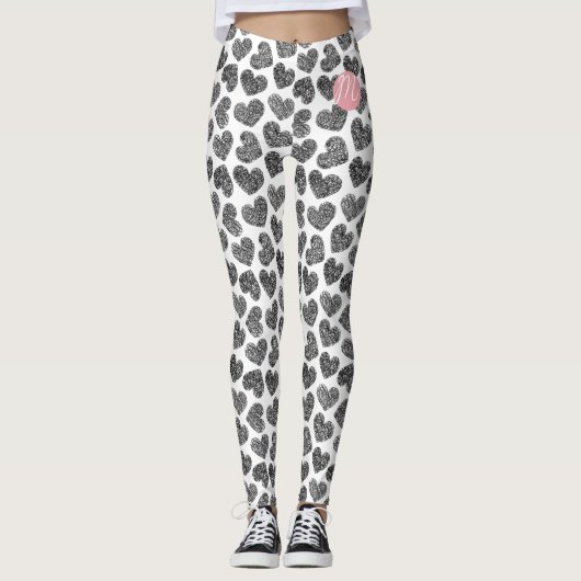 Moderne Schwarz-Weiß-Doodle-Herzen Mit Monogramm Leggings (Vorderseite)