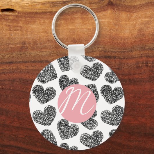 Moderne Schwarz-Weiß-Doodle-Herzen Mit Monogramm Schlüsselanhänger (Rückseite)