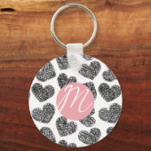 Moderne Schwarz-Weiß-Doodle-Herzen Mit Monogramm Schlüsselanhänger (Vorderseite)