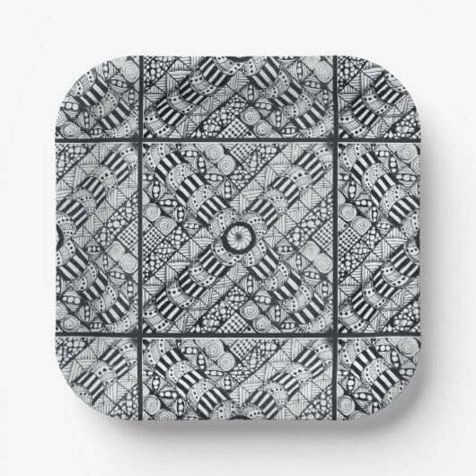 Moderne Schwarz-Weiß-Doodle Pappteller (Vorderseite)