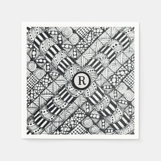 Moderne Schwarz-Weiß-Doodle-Windrad und Monogramm Serviette (Vorderseite)