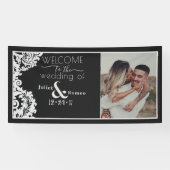 Moderne Schwarz-Weiß-Elegante Damask Herzlich will Banner (Horizontal)