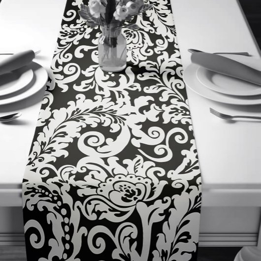 Moderne Schwarz-Weiß-Elegante Damask Kurzer Tischläufer