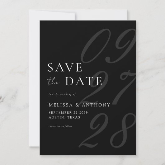 Moderne Schwarz-Weiß-Elegante Minimalistische Hoch Save The Date (Vorderseite)