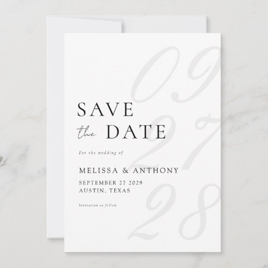 Moderne Schwarz-Weiß-Elegante Minimalistische Hoch Save The Date (Vorderseite)