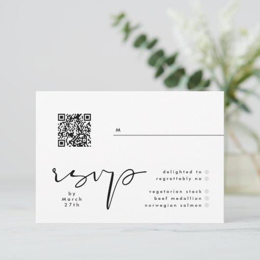 Moderne Schwarz-Weiß-Elegante QR-Hochzeit RSVP Karte (Stehend Vorderseite)