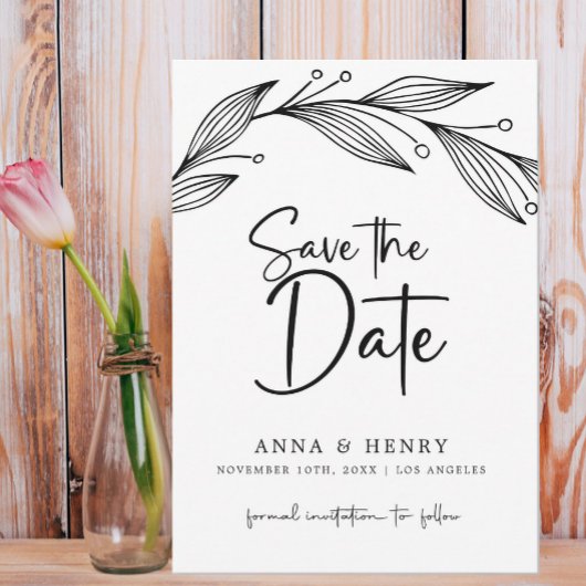 Moderne Schwarz-Weiß-Eukalyptus-Blätter Hochzeiten Save The Date