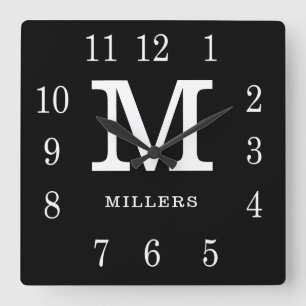 Moderne Schwarz-Weiß-Familiennamens-Monogramm Quadratische Wanduhr