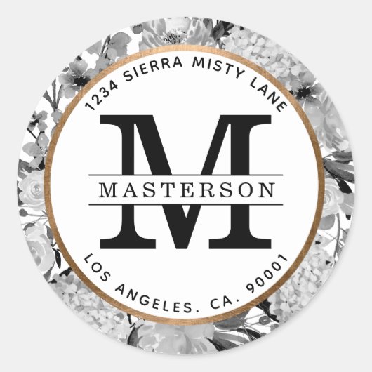 Moderne Schwarz-Weiß-Farbblumen-Monogramm Runder Aufkleber (Vorderseite)