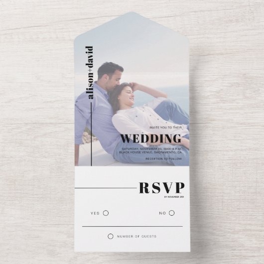 Moderne Schwarz-Weiß-Foto-Hochzeit All In One Einladung (Innen Boden)