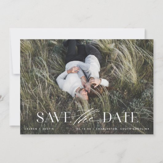 Moderne Schwarz-Weiß-Foto-Hochzeit Rett Save The Date (Vorderseite)
