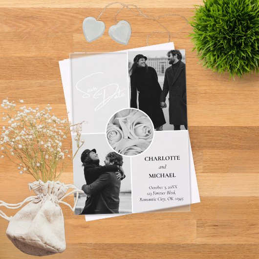 Moderne Schwarz-Weiß-Foto-Hochzeit spart das Datum Acryleinladungen