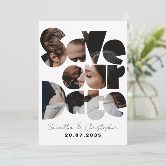 Moderne Schwarz-Weiß-Foto-Kalligrafie Save The Date (Stehend Vorderseite)