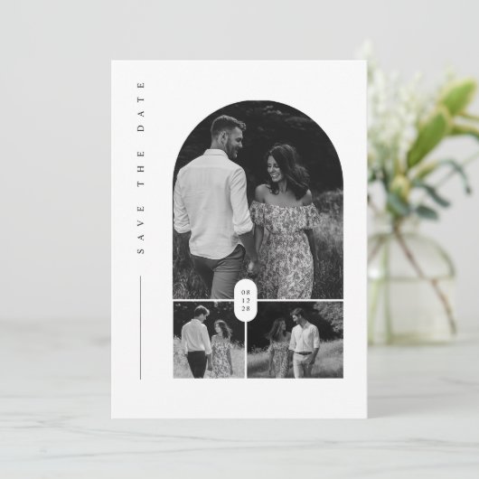 Moderne Schwarz-Weiß-FotoCollage Save the Date Einladung (Stehend Vorderseite)
