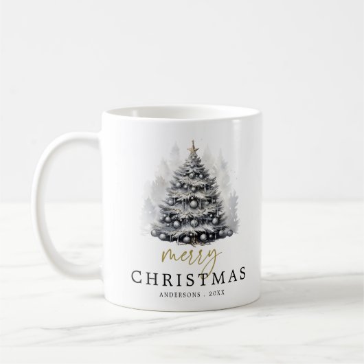 Moderne Schwarz & Weiß frohe Weihnachtsbaumfamilie Kaffeetasse (Links)