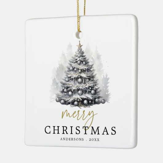 Moderne Schwarz & Weiß frohe Weihnachtsbaumfamilie Keramikornament (Links)