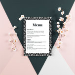 Moderne Schwarz-Weiß-Geometrie Menükarte<br><div class="desc">Fügen Sie Ihrer Hochzeitsrezeption eine stilvolle Touch mit dieser modernen, geometrischen, schwarz-weißen Menükarte hinzu. Mit einer kühnen gemusterten Grenze und eleganter Typografie ergänzt dieses Design wunderbar zeitgenössische Hochzeitsszenarien. Personalisieren Sie Ihre Menüdetails und schaffen Sie so ein schlankes und einheitliches Aussehen für Ihren besonderen Tag. Ideal für minimalistische und moderne Hochzeiten,...</div>