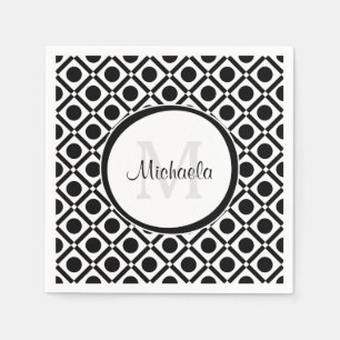 Moderne Schwarz-Weiß-Geometrie, Monogramm und Nam Serviette