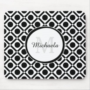 Moderne Schwarz-Weiß-Geometrie, Monogramm und Name Mousepad