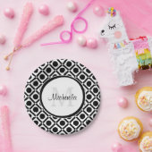 Moderne Schwarz-Weiß-Geometrie, Monogramm und Name Pappteller (Party)