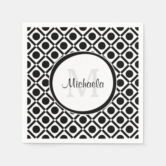 Moderne Schwarz-Weiß-Geometrie, Monogramm und Name Serviette (Vorderseite)