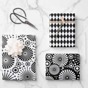 Moderne Schwarz-Weiß-Geometrische Sternenexplosion Geschenkpapier Set