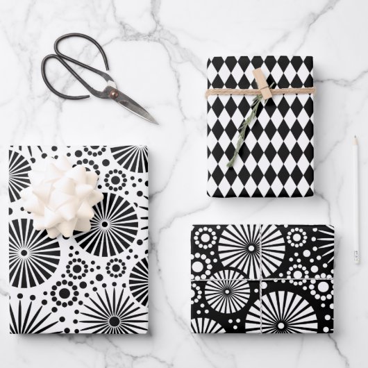 Moderne Schwarz-Weiß-Geometrische Sternenexplosion Geschenkpapier Set (Vorderseite)