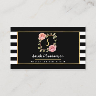 Moderne Schwarz-Weiß gestreifte Floral Visitenkarte
