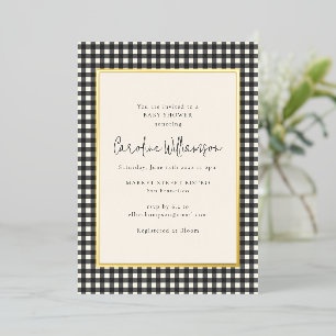 Moderne Schwarz-Weiß-Gingham-Karo-Babyparty Gold Folieneinladung