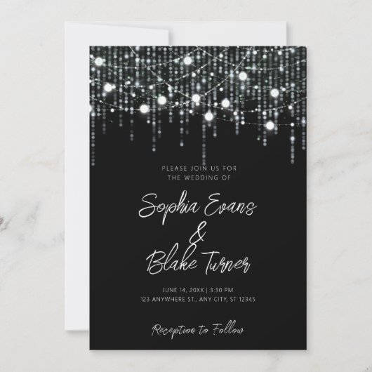 Moderne Schwarz-Weiß-Hanging-Lichter Hochzeit Einladung (Vorderseite)