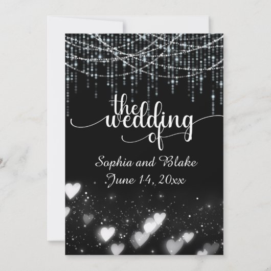 Moderne Schwarz-Weiß-Hanging-Lichter Hochzeit Einladung (Rückseite)