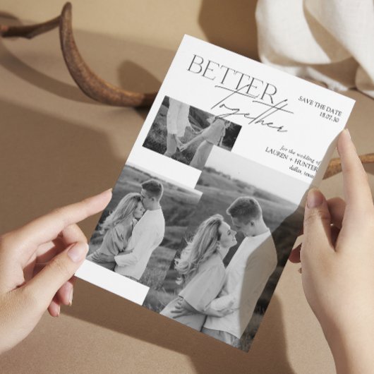 Moderne Schwarz-Weiß-Hochzeit mit 3 Fotos Save The Date