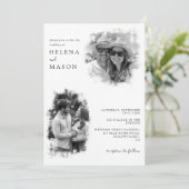 Moderne Schwarz-Weiß-Hochzeit mit zwei Fotos Einladung (Stehend Vorderseite)