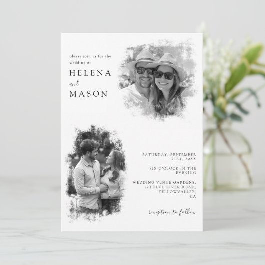 Moderne Schwarz-Weiß-Hochzeit mit zwei Fotos Einladung (Stehend Vorderseite)