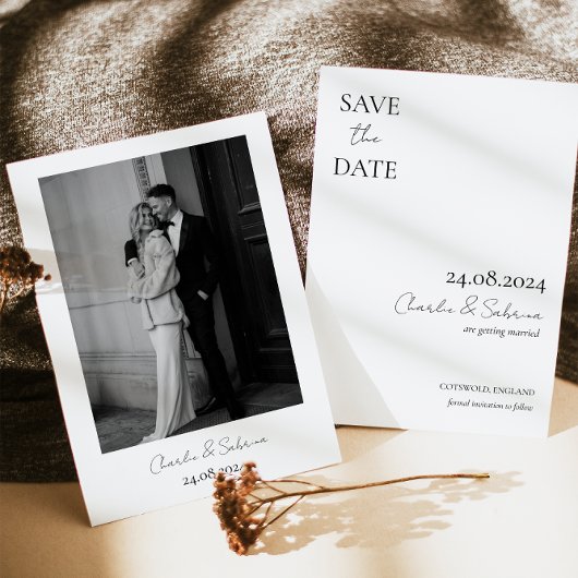 Moderne Schwarz-Weiß-Hochzeit rettet das Datum Save The Date
