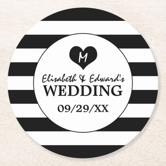 Moderne Schwarz-Weiß-Hochzeit Runder Pappuntersetzer (Vorderseite)