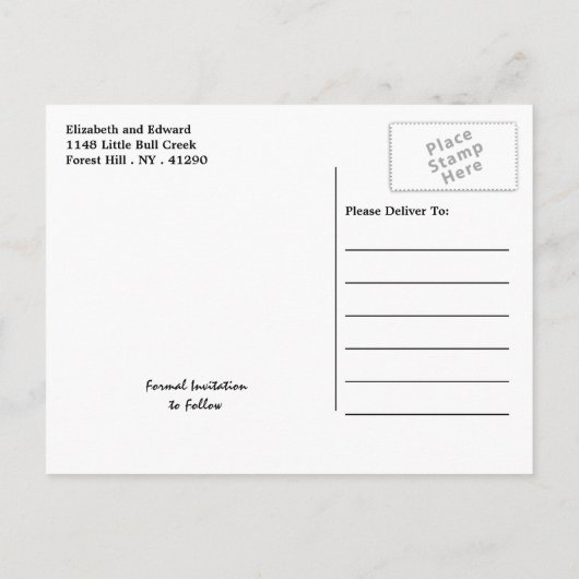 Moderne Schwarz-Weiß-Hochzeit spart das Datum Ankündigungspostkarte (Rückseite)