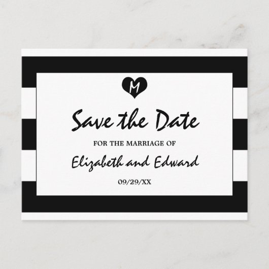 Moderne Schwarz-Weiß-Hochzeit spart das Datum Ankündigungspostkarte (Vorderseite)