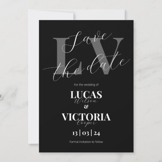 Moderne Schwarz-Weiß-Hochzeit spart das Datum Einladung (Vorderseite)