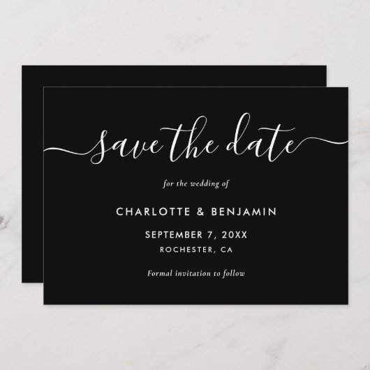 Moderne Schwarz-Weiß-Hochzeit spart das Datum Save The Date (Vorne/Hinten)