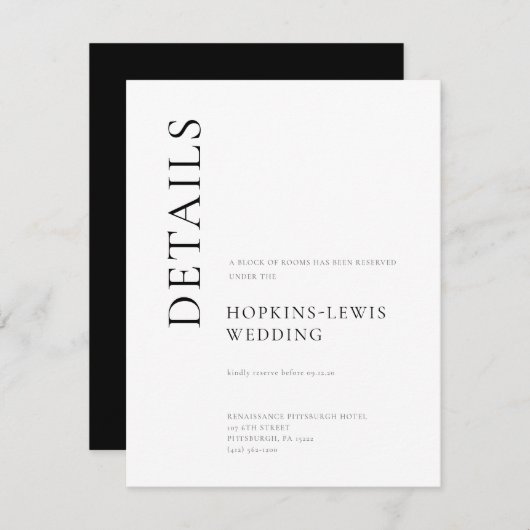 Moderne Schwarz-Weiß-Hochzeitsdetails Einladung (Vorne/Hinten)