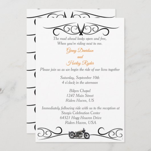 Moderne Schwarz-Weiß-Hochzeitseinladung für Motorr Einladung (Vorne/Hinten)