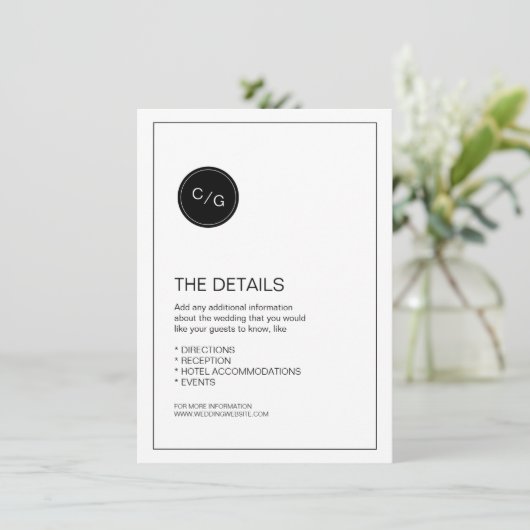 Moderne Schwarz-Weiß-Hochzeitskarte Begleitkarte (Stehend Vorderseite)