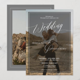 Moderne Schwarz-Weiß-Hochzeitsskripte 2 Fotos Einladung