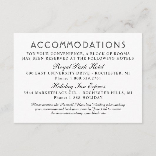 Moderne Schwarz-Weiß-Hochzeitsunterkünfte Begleitkarte (Vorderseite)