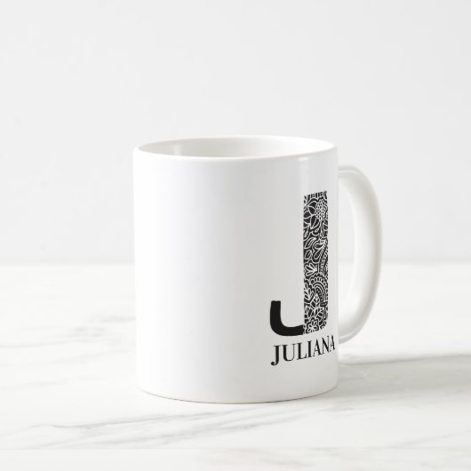 Moderne Schwarz-Weiß-Initial J und Name Kaffeetasse (VorderseiteRechts)