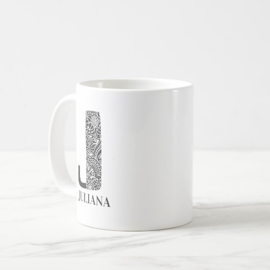 Moderne Schwarz-Weiß-Initial J und Name Kaffeetasse (Vorderseite Links)